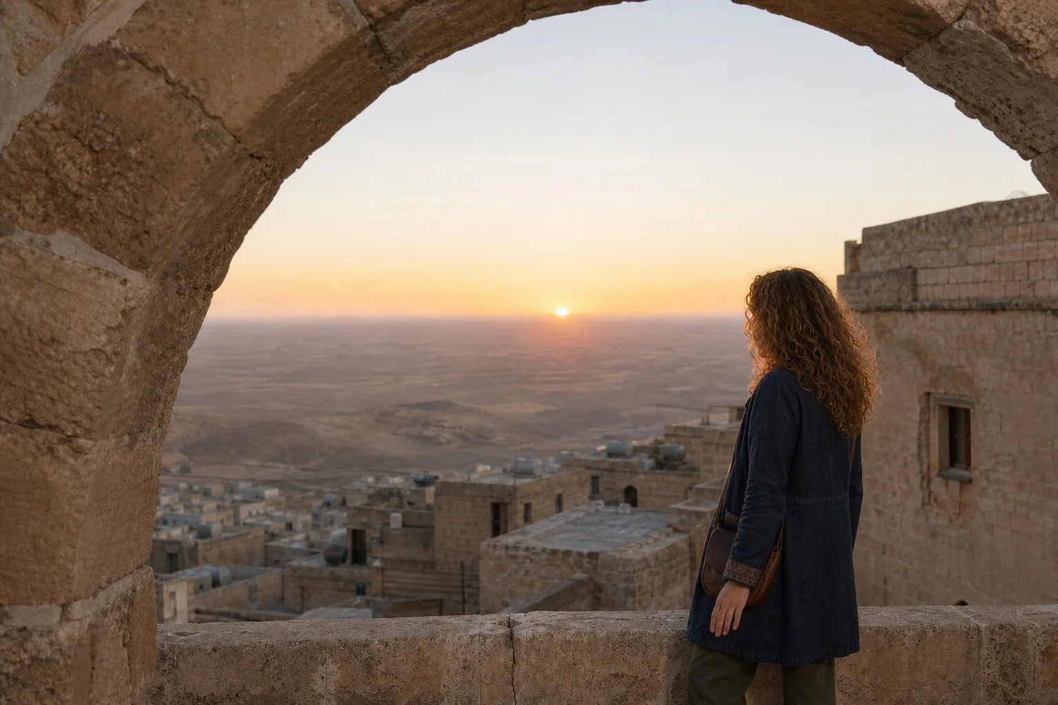 Esin, taş bir kemerin altından Mardin damlarına ve ovaya inen güneşe bakıyor