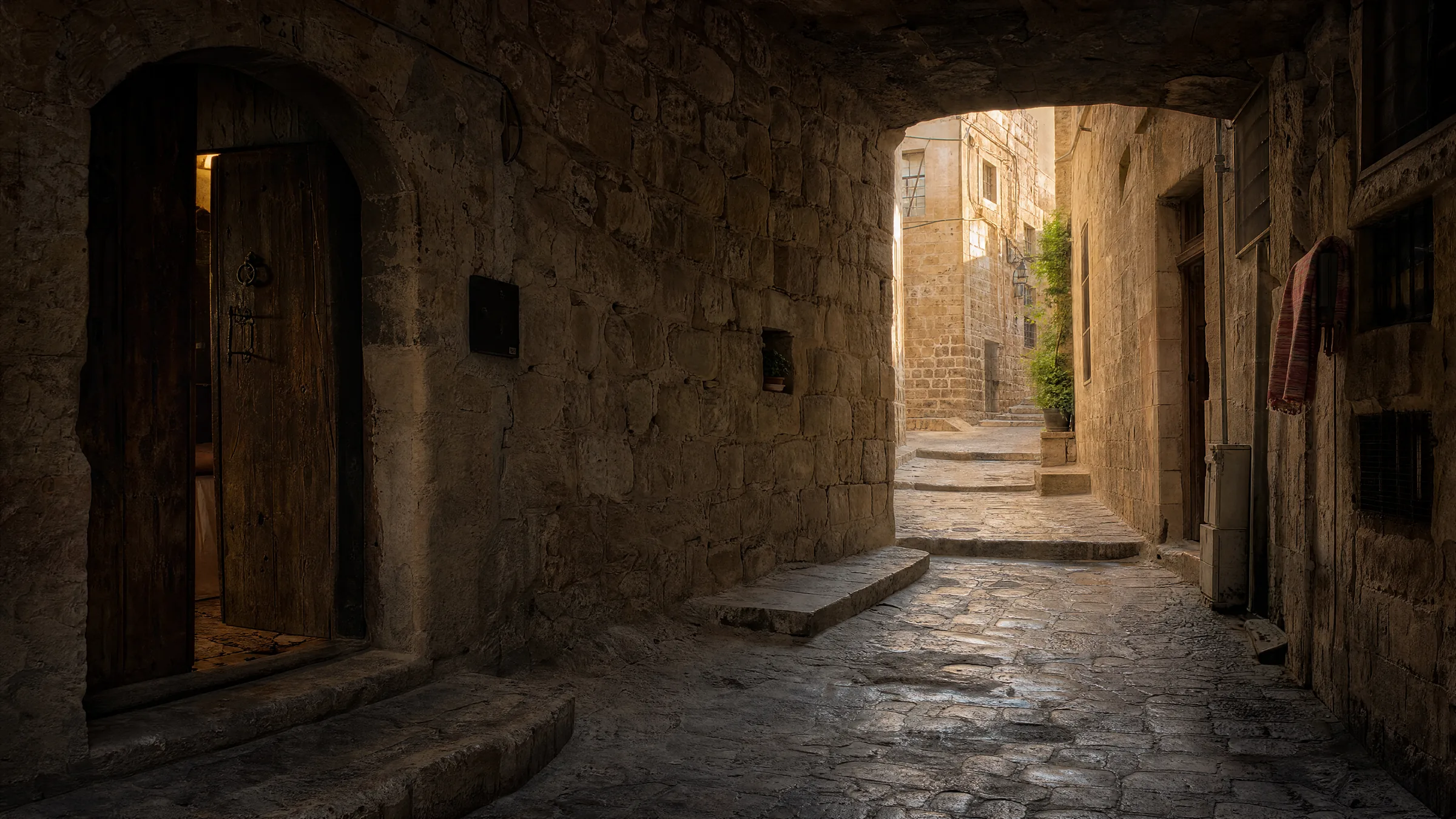 Taş kemerin ardından güneş alan, basamaklı eski Mardin sokağı